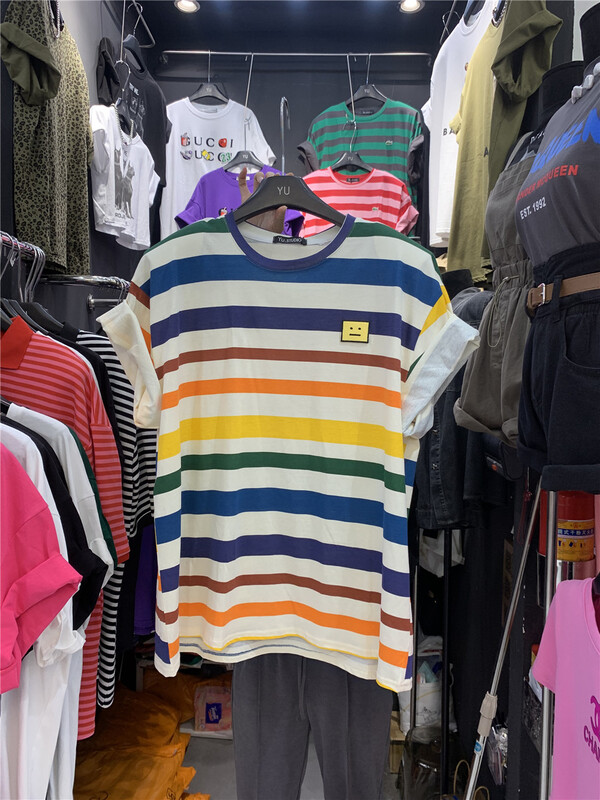[Yu] minority expression Rainbow Stripe short sleeve T-shirt 1769# cqw