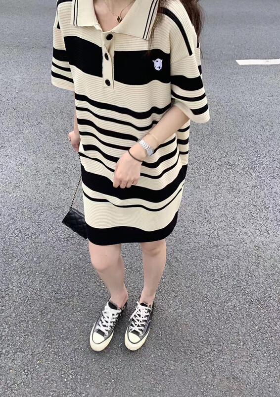 [only love] Korean fashion polo collar stripe short sleeve dress c510# zxl