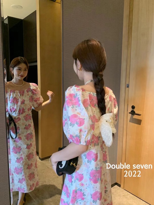 [double seven] Korean style square neck bubble sleeve Printed Dress 28709# zxx