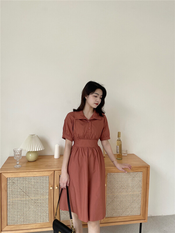 New in early summer! [woo shop] French Style Bubble Sleeve waist closing dress 32853# WPL