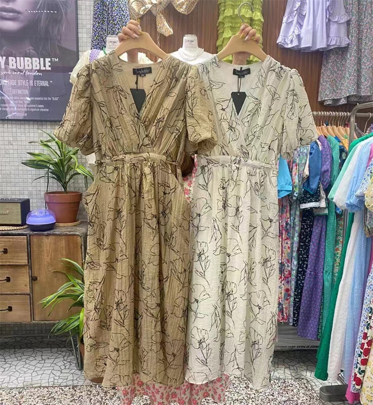 [suzybubble] V-neck bubble sleeve floral dress ys1-2299# WPL