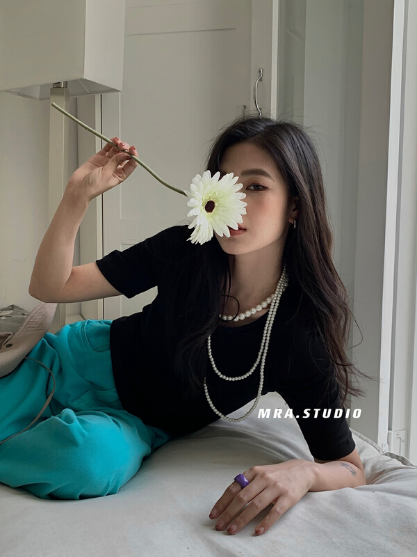 [MRA] irregular diagonal sling fake two piece comfortable short sleeve T-shirt l1081# zxl