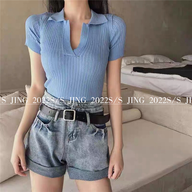 goods in stock! [Jing] Korean solid color short fit sweater 6637# cqw