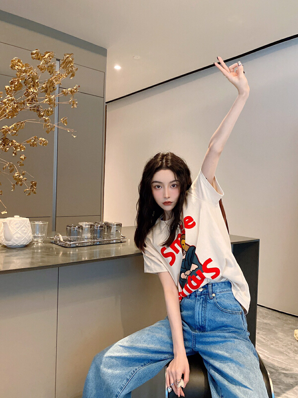 [Nancy] cartoon Mona Lisa letter Casual Short Sleeve T-shirt q8960# WPL