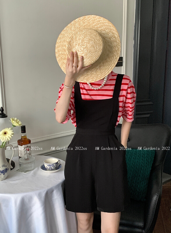 [neeko] contrast striped casual T-shirt + suit strap Capri suit 3569# PCZ