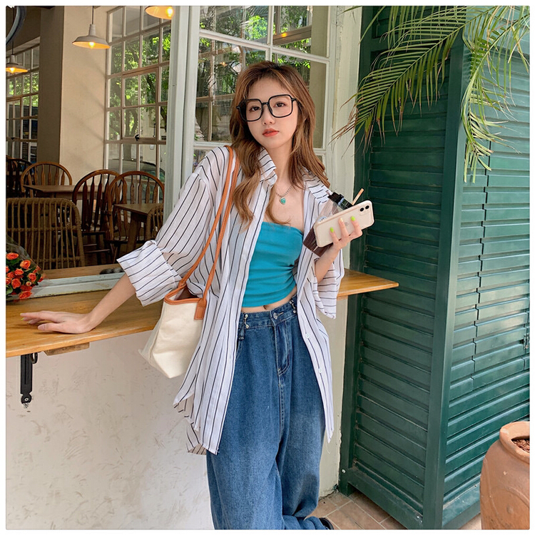 goods in stock! New in early summer! [timely rain] Korean style ins design casual stripe Lapel loose and versatile shirt 54059# WPL