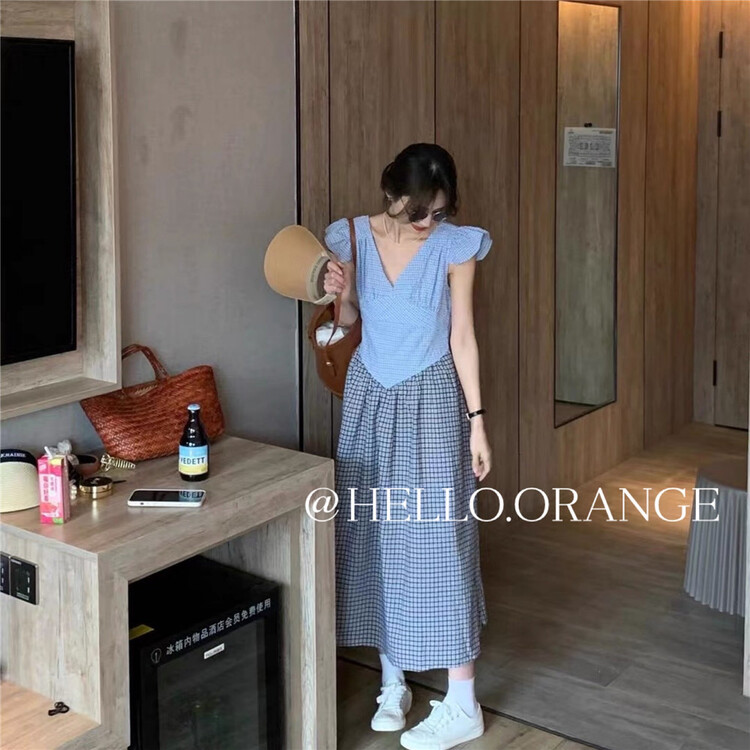 [orange] V-neck Plaid stitched dress 8847# HBx