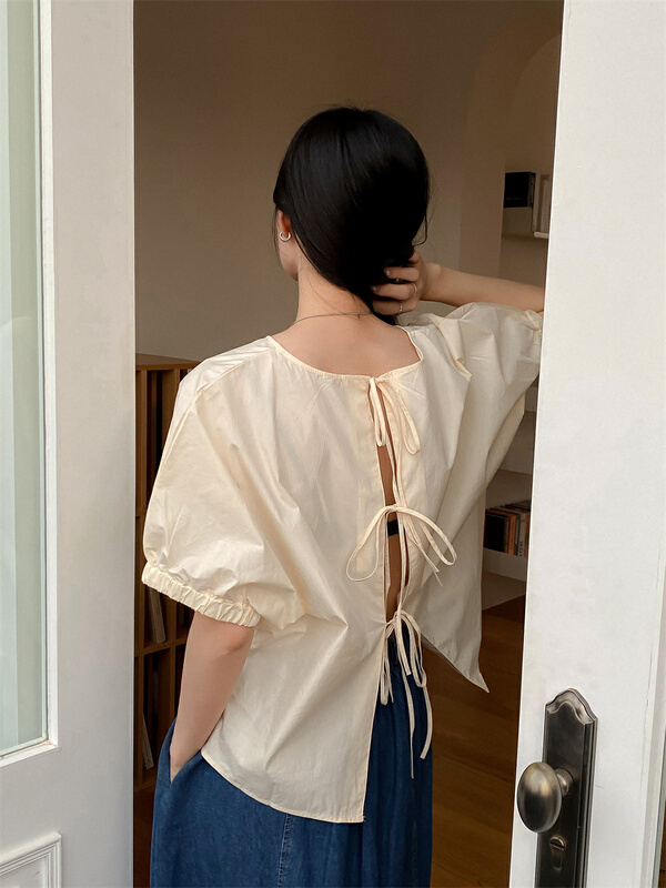 [chocolate] Korean personalized back hollowed out lace up shirt 9260# CSX