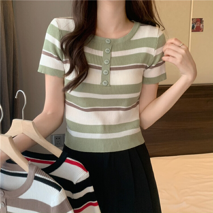 [f · P] Korean stripe color contrast thin short sleeve sweater 5327# HBx