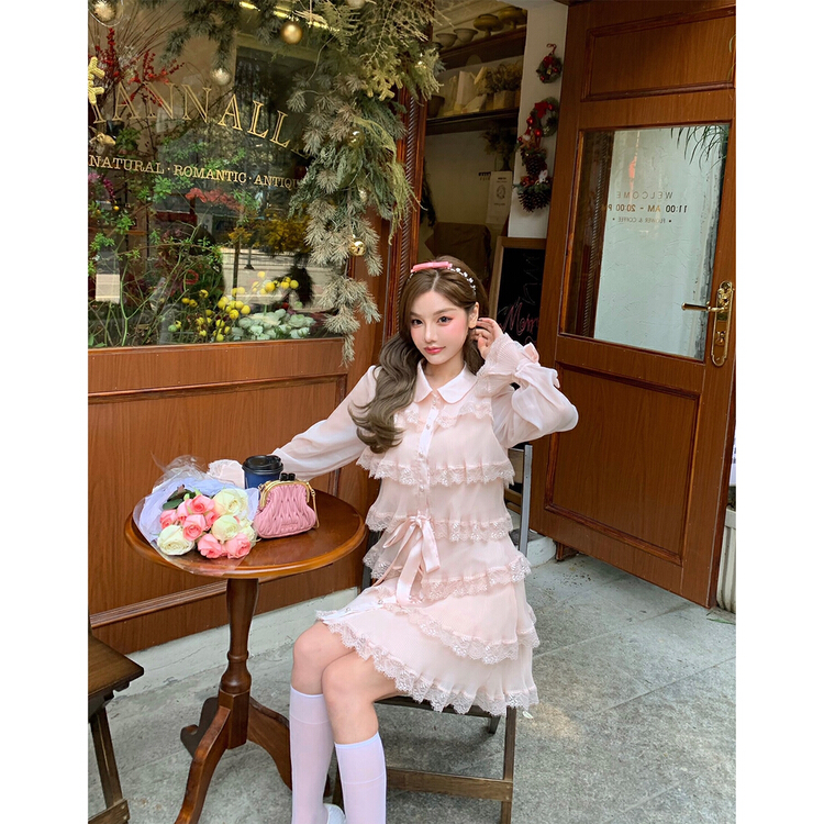 [pepper] crystal flip Candy Pink Lace pearl buckle loose thin cake dress 1361# Cl