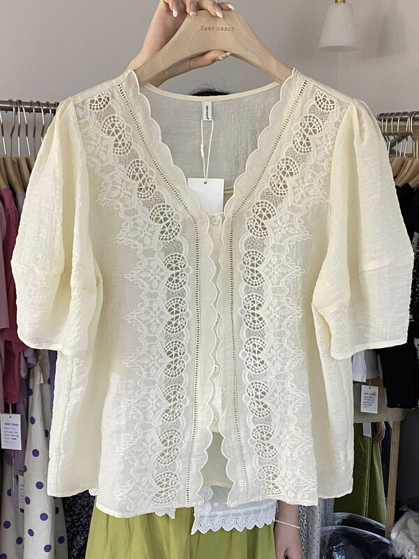 [seek peach] simple V-neck hollow out shirt 5268# ll
