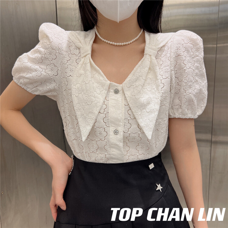 [top Chan Lin] temperament hollow out design bubble sleeve shirt 95139-1# cqw