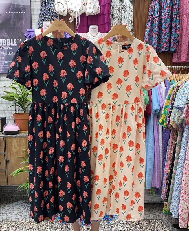 [N21] Vintage Print bubble sleeve dress 1153# WPL
