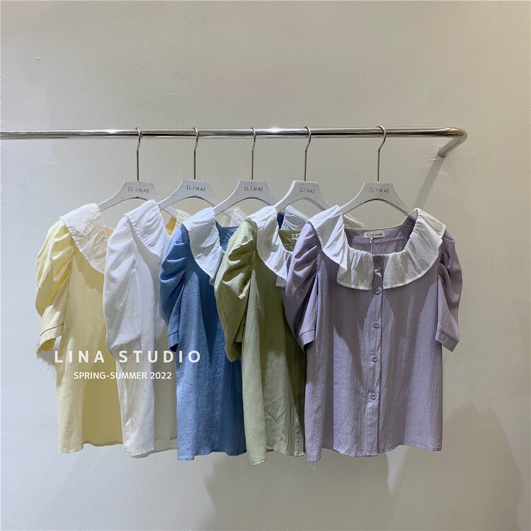 New in early summer! [Lina] ruffled bubble sleeve contrast shirt 8841# zxx