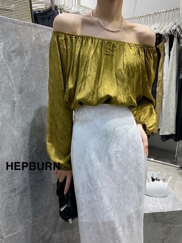 [Hepburn] premium textured Tencel jacquard off shoulder shirt 3350# L