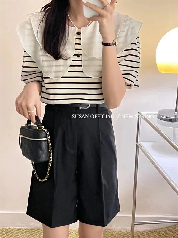 [Susan] Ruffle collar crimp stripe short sleeve T-shirt 18181# LSW