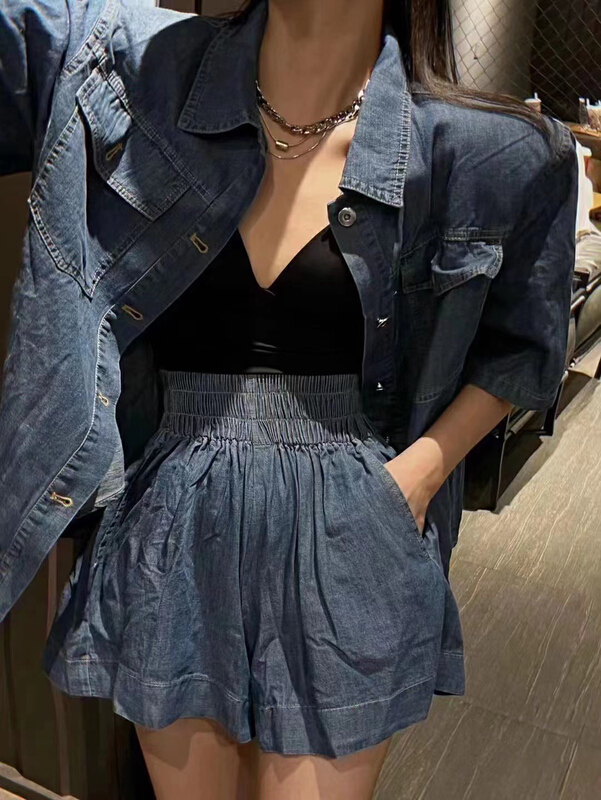 [mi ni] Vintage loose casual denim jacket + high waist elastic denim shorts two piece suit 2826# PCZ