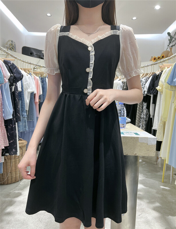 New in early summer! [purple edge] French stitched bubble sleeve dress 9290# zxx