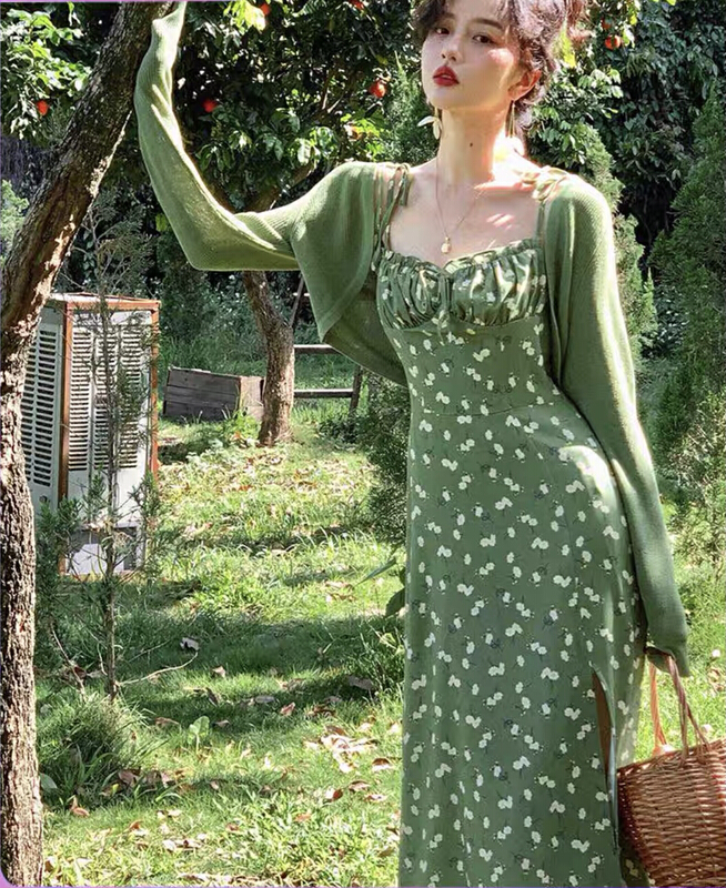 [TZM] small fresh floral dress + fashionable cardigan suit t071# LSW
