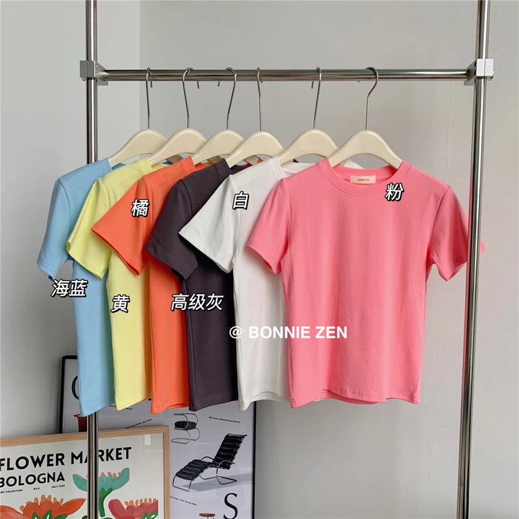 New in early summer! [Bonnie] casual simple clean color round neck high elastic short sleeve T-shirt 2268# XYJ