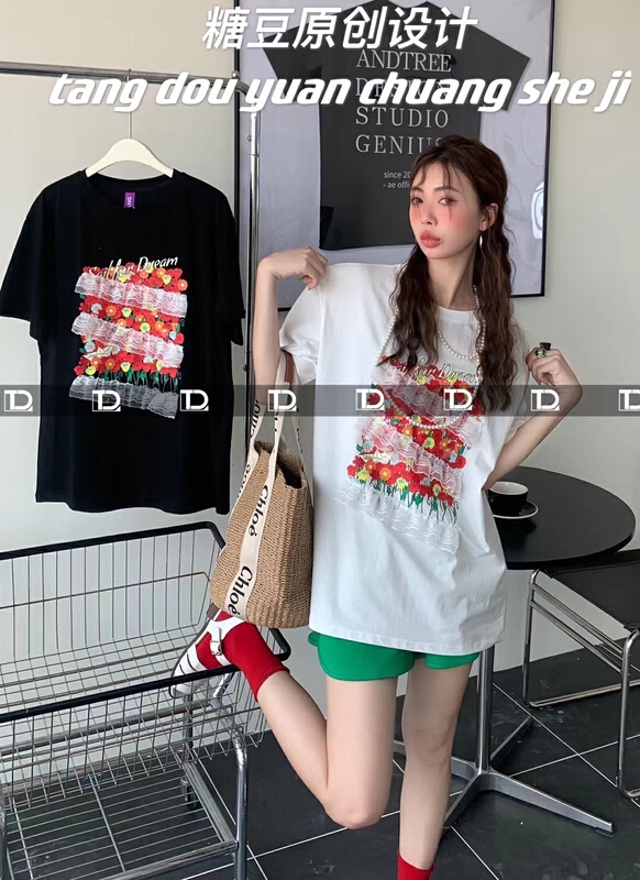 New in early summer! [tangdou original] lace floret short sleeve T-shirt 9591# WTT