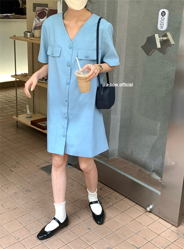 [a-bow studio] Korean shoulder padded V-neck breasted dress 15138# zjy
