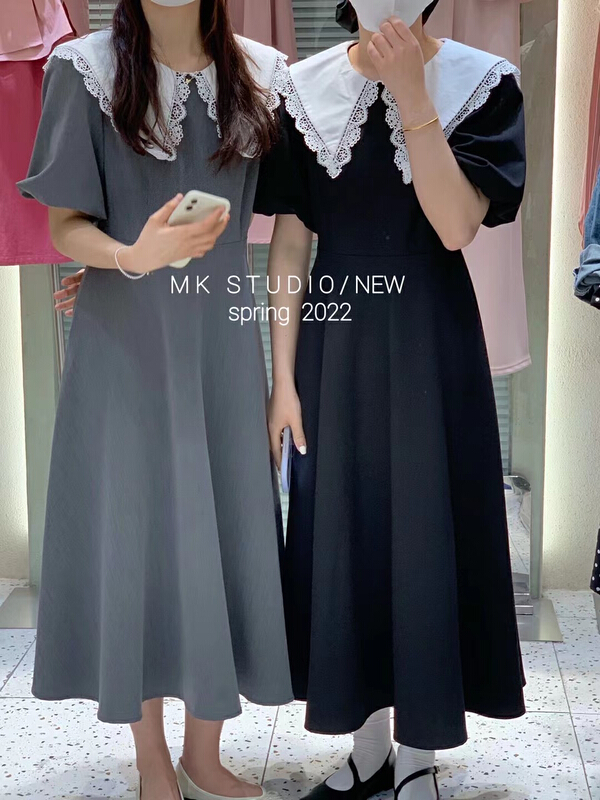 [MK] Korean doll neck waist closing bubble sleeve dress 3136# hjy