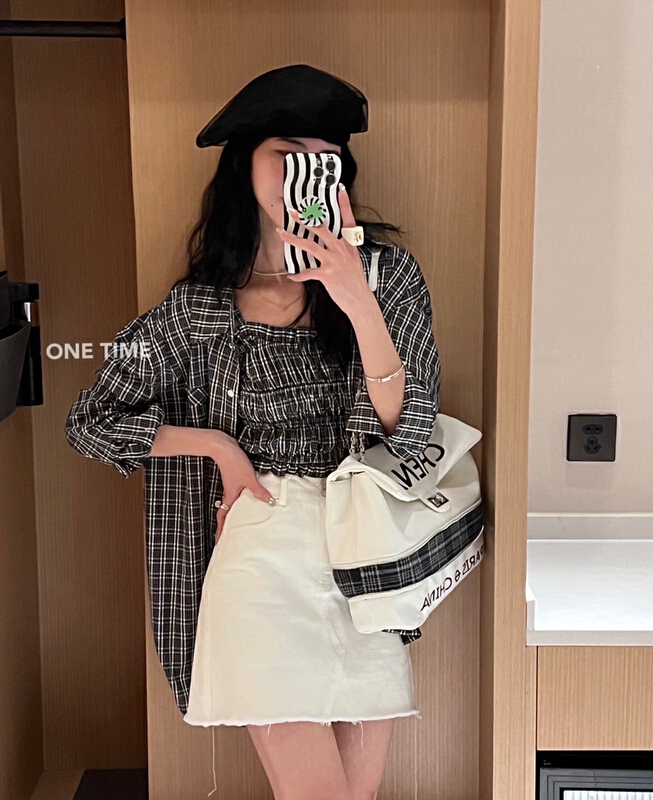 goods in stock! New year in early spring! [one time] check Korean shirt + slim fashion vest set 28985# CLS
