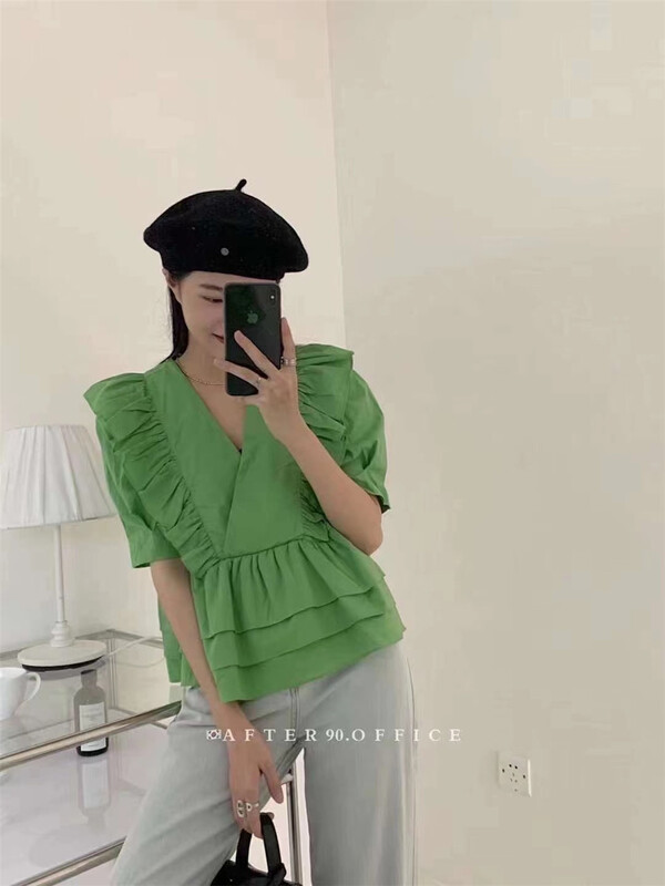 [after. 90] V-neck crimp pullover shirt 6662# ll