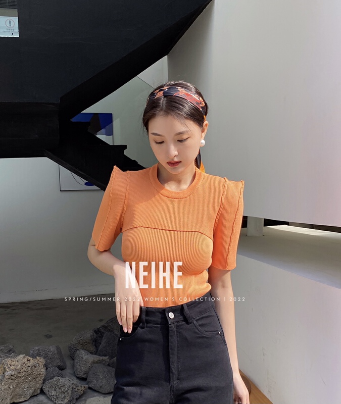 [neihe] short fashion bubble sleeve T-shirt + inner suspender vest set 22150# zxx