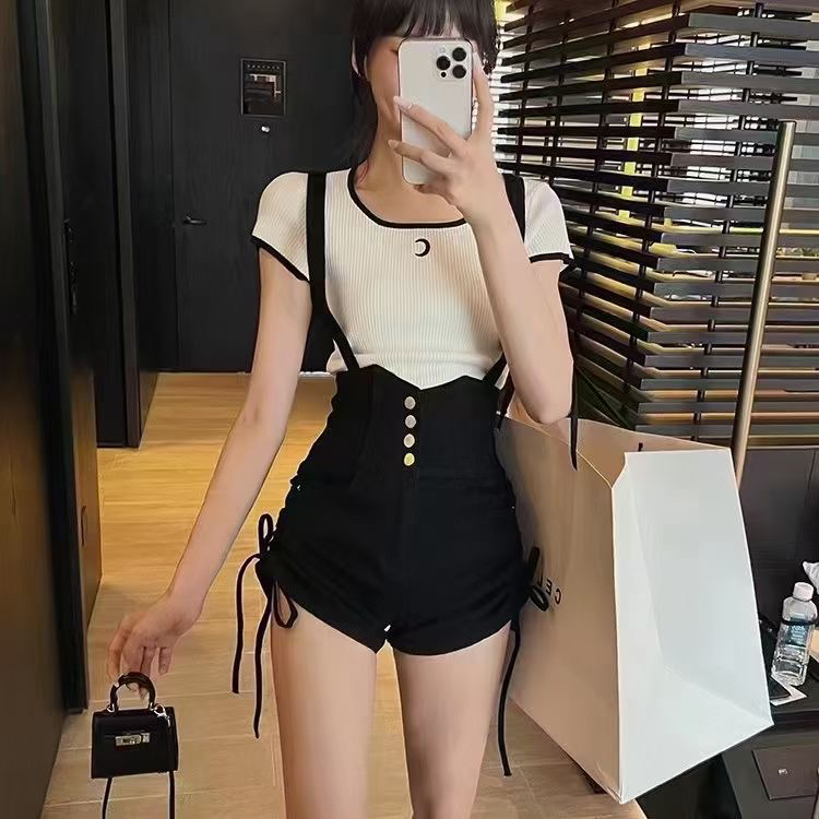 New in early summer! [JH] embroidered knitted short sleeved T-shirt + drawstring denim strap Shorts Set 41378# PCZ