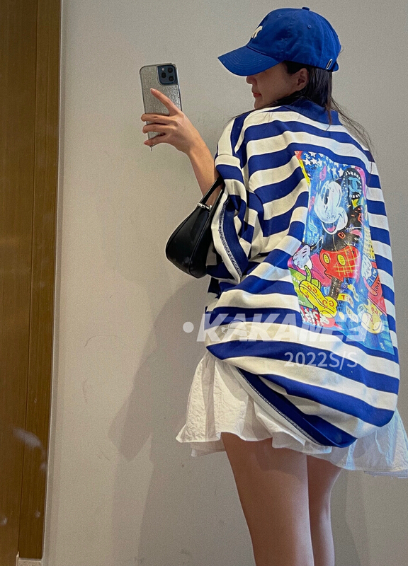 New in early summer! [kakamee] back painted Mickey print stripe polo collar short sleeve T-shirt 3891# LSL