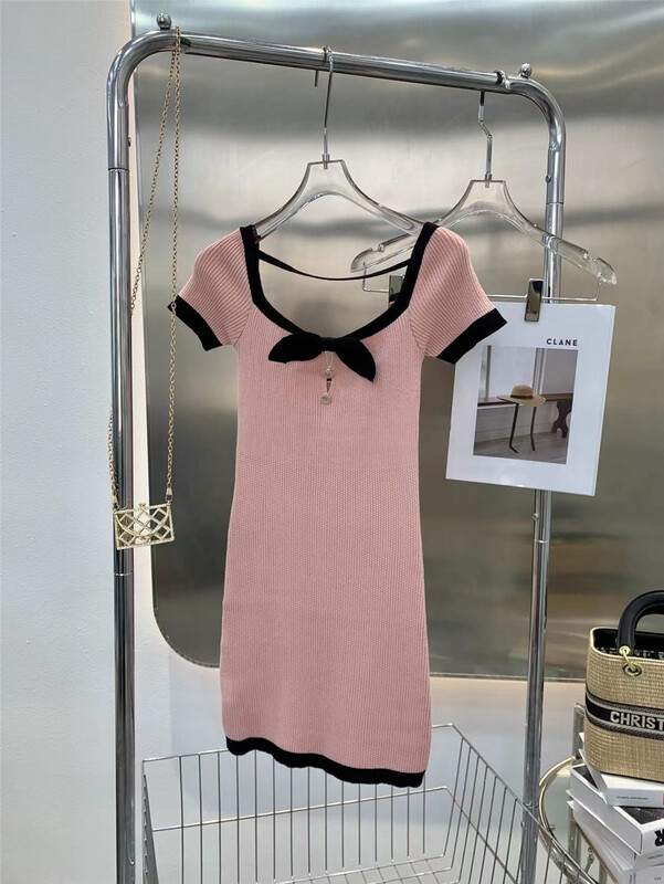 New in early summer! [Linna] Korean style square neck slim contrast color short sleeve dress 124576# zxx