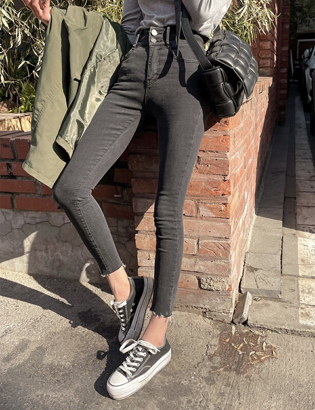 [savage] high waist, two button washing water, rough edge, slim fit, small leg jeans e6881# WPL
