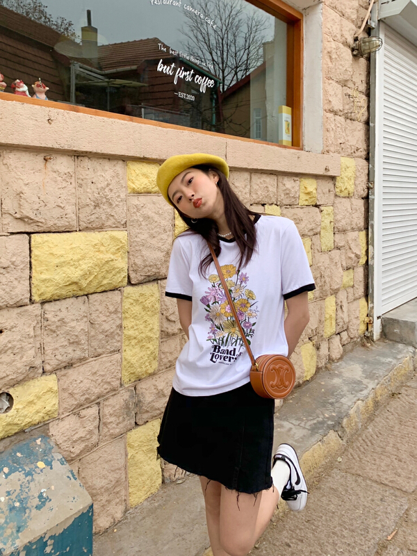 New year in early spring! [finoa] vintage print contrast bonded short sleeve T-shirt 10137# CLS