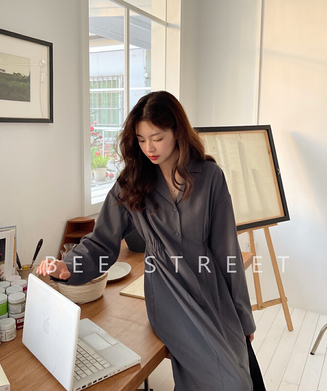 New year in early spring! [bee Street] New Korean version lapel collar net color waist closing dress n352-1# jhy