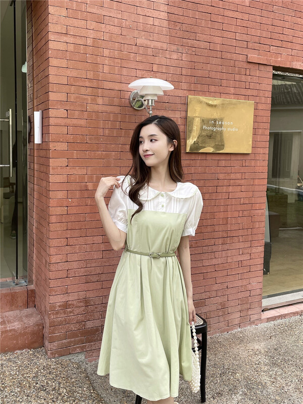 [woo shop] color blocking and crimping short sleeved dress (with belt) 62660# WPL
