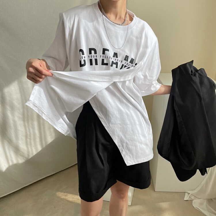 goods in stock! New year in early spring! [savage] Korean versatile round neck letter printing irregular split short sleeve T-shirt e5960# jhy