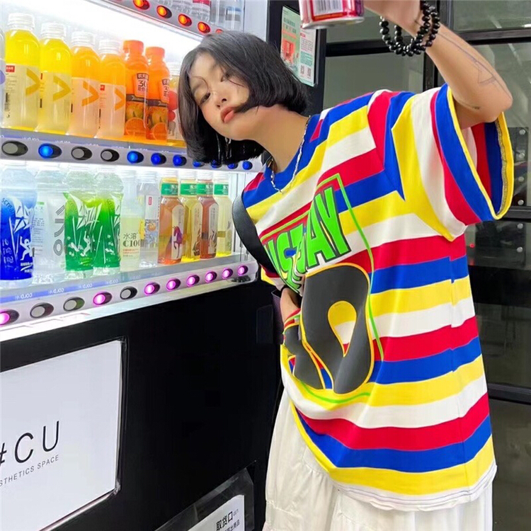 [wlady] Korean stripe loose contrast short sleeve T-shirt a350# WTT