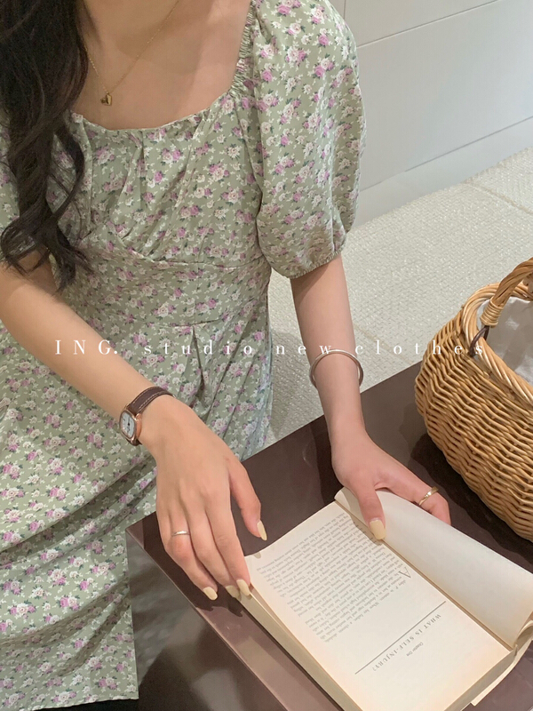 goods in stock! New in early summer! [ing] French retro square neck bubble sleeve dress 6902# ZSY