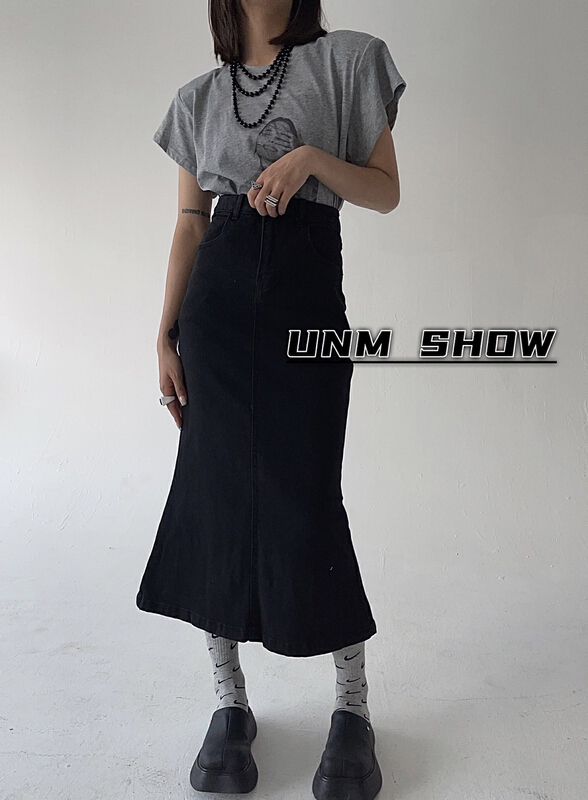 [unm-show] elastic fishtail back slit denim skirt 1213# WTT