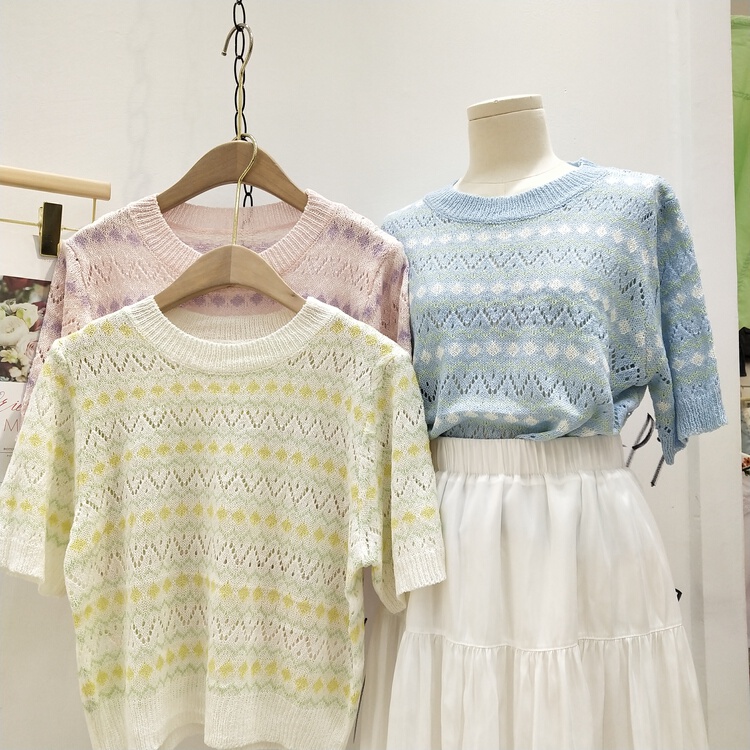 New in early summer! [city light] hollow out jacquard short sleeve contrast round neck T-shirt 714# XJ