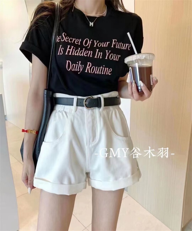 [Gu Muyu] casual hem comfortable high waist denim shorts (with belt) 3952# zjy