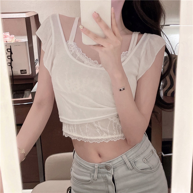 [Huaxi] pure desire to wear lace suspender Vest + spice girl short sleeved T-shirt set 8983# PCZ