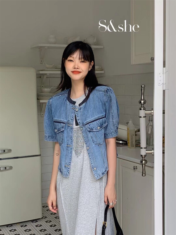 [she] Korean versatile bubble sleeve round neck denim jacket 1171a# XJ