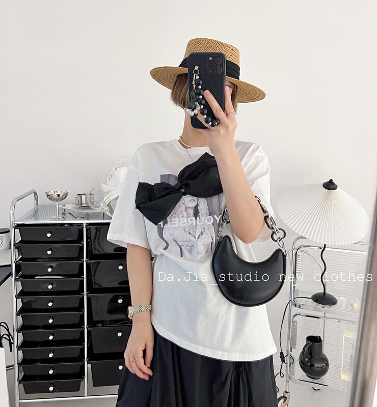 New year in early spring! [Dajia] round neck loose print bow small design Short Sleeve T-shirt (bow can't be removed) ys1-22178# CLS
