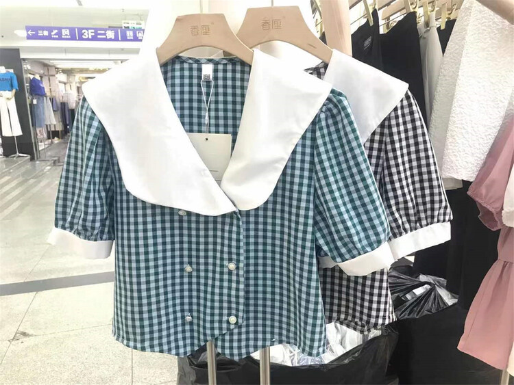 New in early summer! [Xiangli] Korean version contrast color large lapel double row buckle Plaid blouse 6016# PCZ