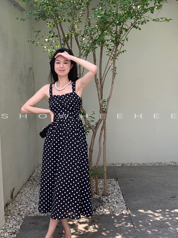 [Xiu Xixi] retro western style wave point high waist design suspender dress 8092# zxx