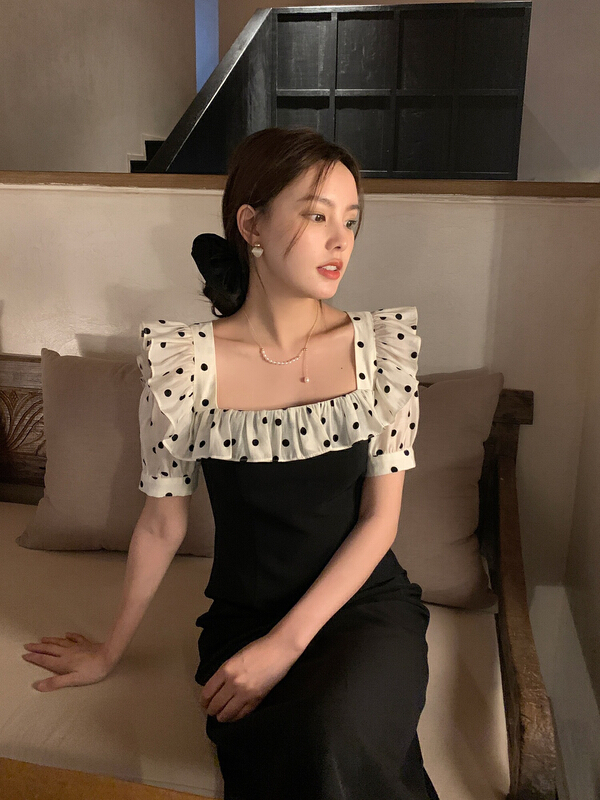 [Yingying Xinyi] French Polka Dot mesh stitched dress 7536# Cl
