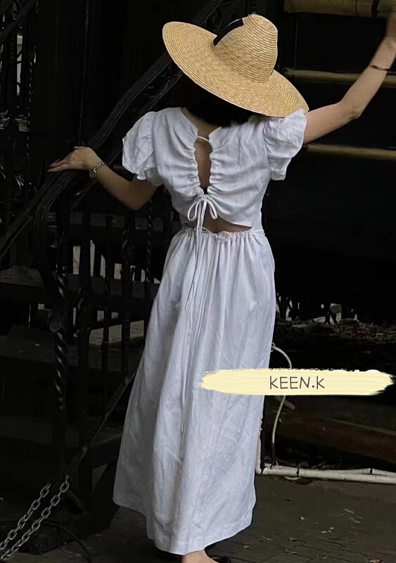 [keen k] French hollow out backless bubble sleeve dress l61# WTT